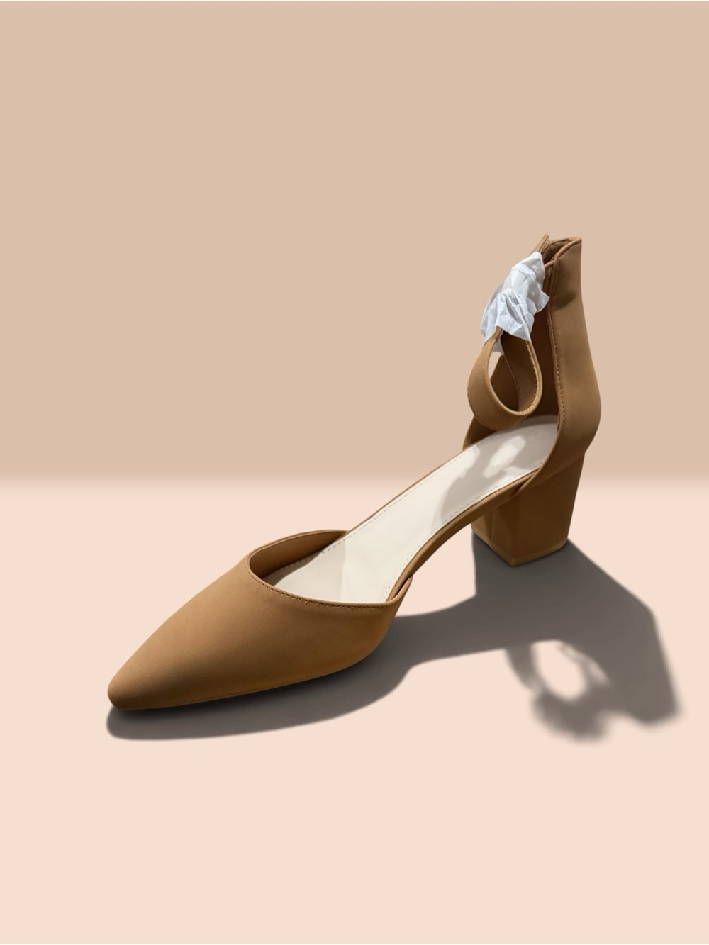 Women's Tan Pointed Toe Ankle Strap Block Heel Pumps